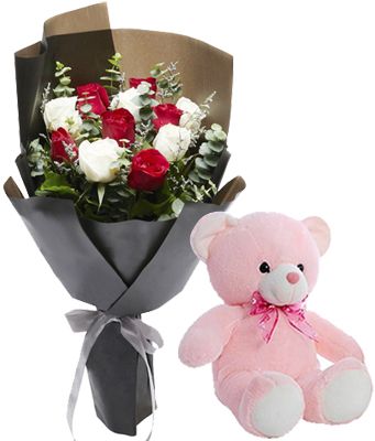 12 Mixed Roses Bouquet with Pink Teddy