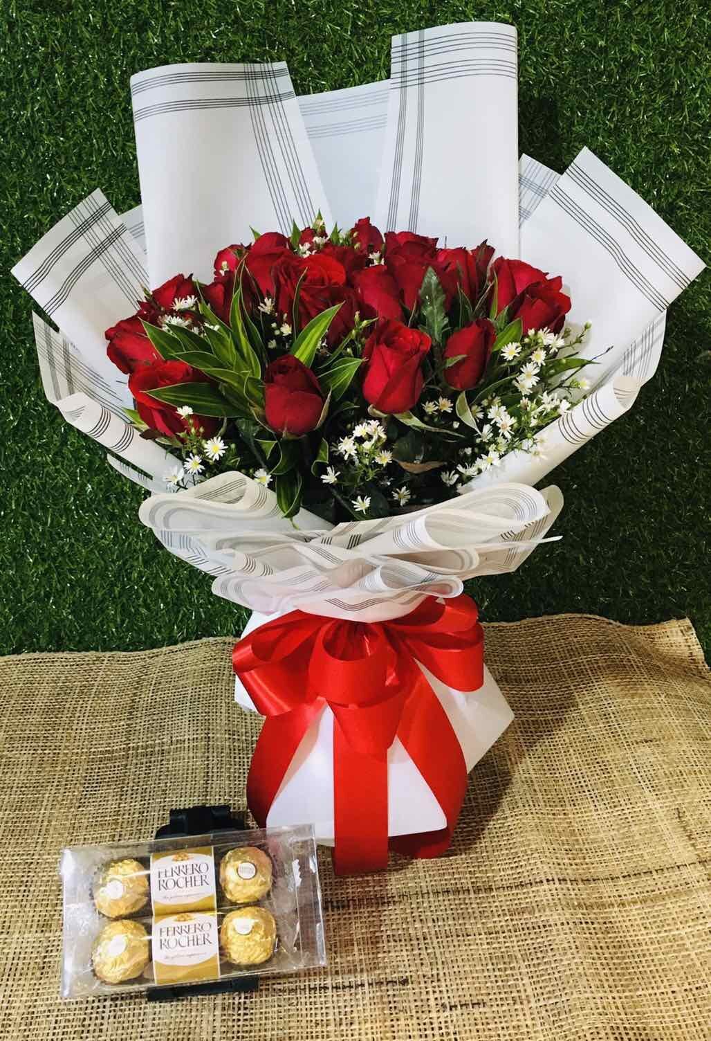 24 Red Roses Bouquet with 6 Ferrero Box