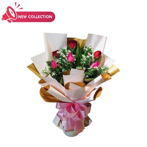 Half Dozen Red & Hot Pink Roses in Bouquet