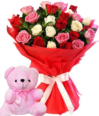 36 Mixed Roses Bouquet & Small Bear