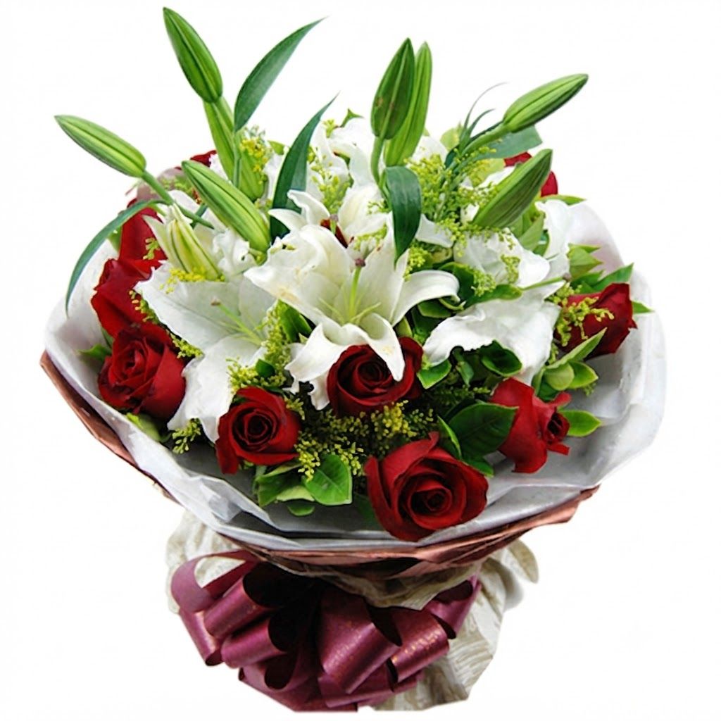 Love Of Language 12 Red Roses & lily