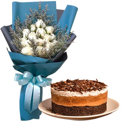 12 White Roses Bouquet with Malagos Choco Mousse