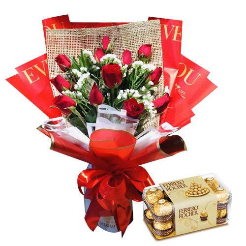 12 Red Roses with 16 Pcs Ferrero Rocher Chocolates