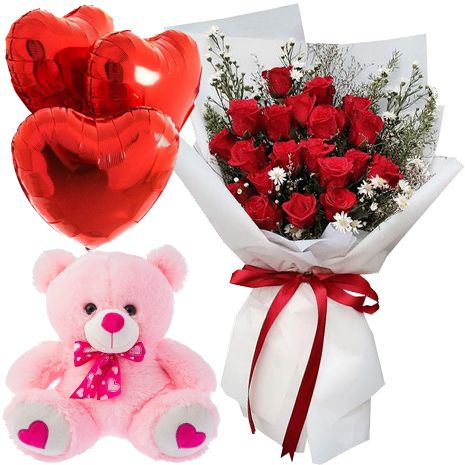 24 Red Roses, Teddy Bear & 3 Balloons