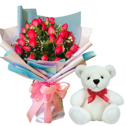 24pcs Red Rose Bouquet With Small Bear