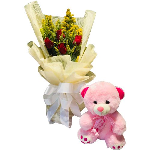 6pcs Red Rose Bouquet With Teddy Bear