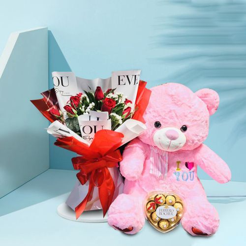 Romantic Love Bundle: 12 Red Roses, Bear & Ferrero Heart Shape Box