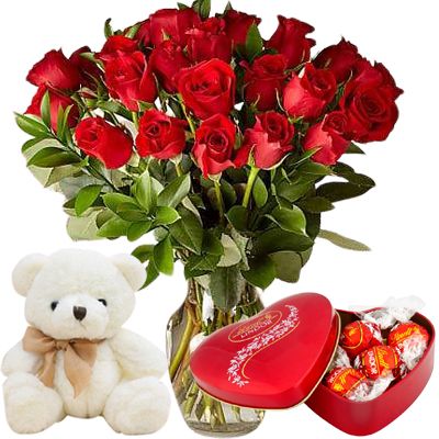 24 Red Roses W/ Chocolate & Teddy Bear