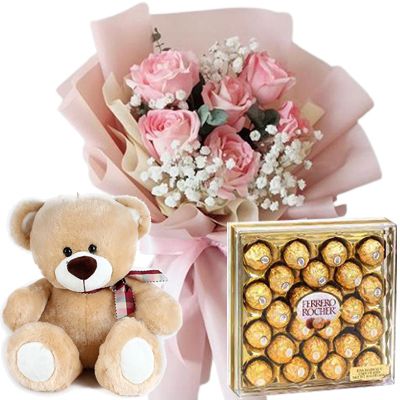 Half Dozen Pink Roses Bear with Chocolate