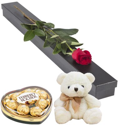 Single Red Rose Box, Heart Shape Ferrero & Teddy