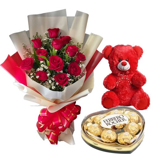 12 Red Roses with Bear with Heart Ferrero