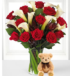 By Your Side (12 Roses + 3 Calla Lilies + Teddy Bearus)