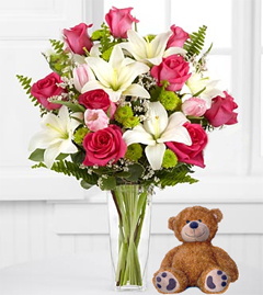 Hugs From Far Away (15 Roses + Teddy Bear (Bouquet)Us)