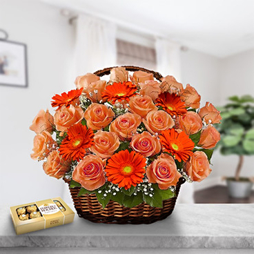 Basket To Love (12 Roses + 3 Gerberas + CHOCOLATES)