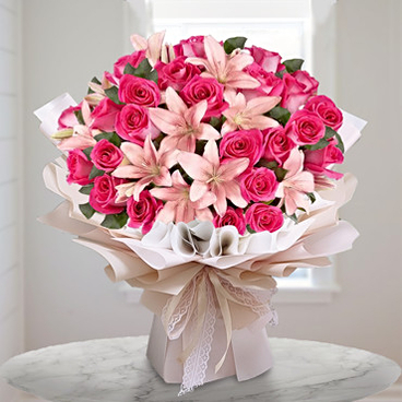 Two Hearts (12 Roses + 3 Lily Stems)