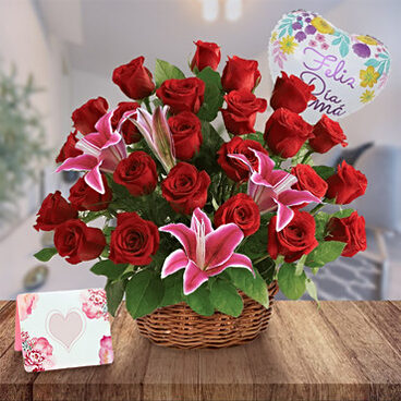 Mom Basket (12 Roses + 2 Lilies + Balloon)