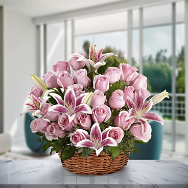 Delicate Basket (15 Roses + 1 Lilies Stems)