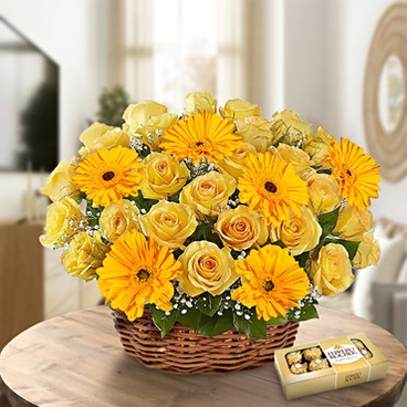 Yellow Time + Chocs (12 Roses + 3 Gerberas + CHOCOLATES)