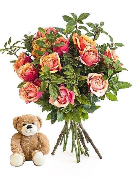 Orange Roses with a Small Teddy (Small (8 Roses))