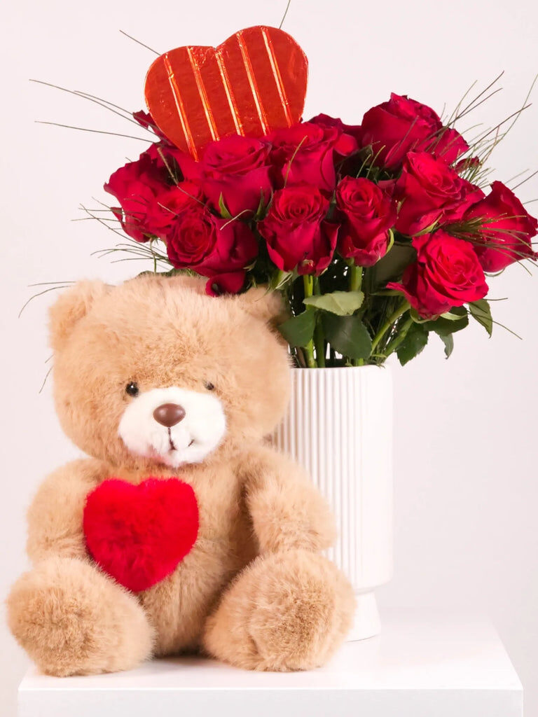 Dozen Red Rose Bouquet with Heart Chocolate & Teddy (Single (12 Roses))