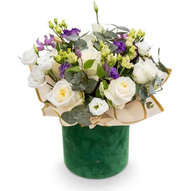 Flower box of roses and lisianthus – Melville (Small)