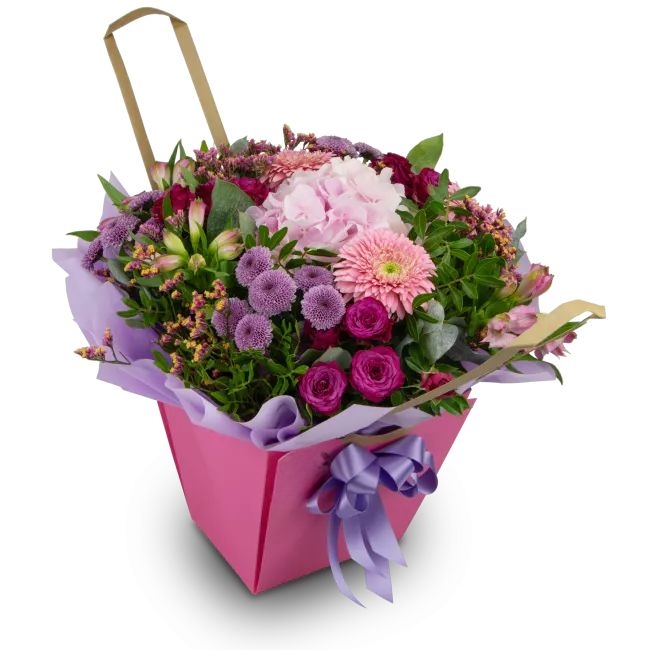 Bouquet of hydrangeas and germini in water packaging – Noella