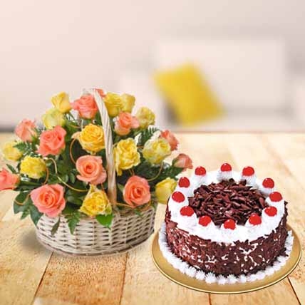 Mixed Roses Basket With Cake (12 Mixed Roses,1 Kg Blackforest Cake)