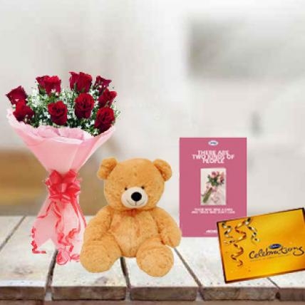 Roses, Chocolate & Teddy with Card (12 Red Roses, Cadbury Celebration Pack, 08-12 Inch Teddy Bear & Greeting Card)