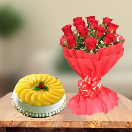 Pineapple Cake & Red Roses (1 Kg Cake & 6 Red Roses)