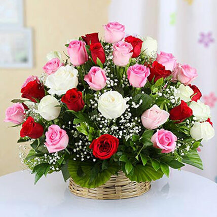 Mixed Roses Basket - Medium (50 Roses)