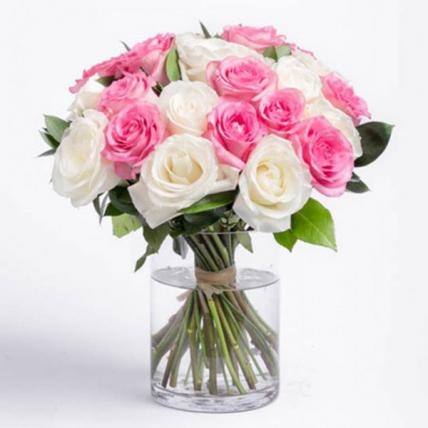White & Pink Roses Vase Large (25 Roses)