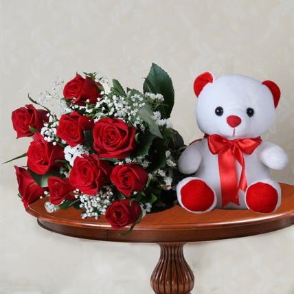 Cute Teddy With Red Roses Bouquet (12 Red Roses with 9-12 Inch Teddy)