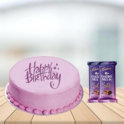 Pink Strawberry Cake with Cadbury Silk Combo (1/2 kg Pink Strawberry Cake With 5 Cadbury Dairy Milk Silk (60 gm))