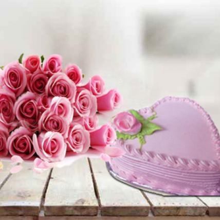 Lovely Pink Combo For Her (1 Kg Strawberry Cake with 12 Pink Roses)