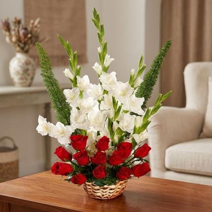 Red Roses & White Glads Basket (12 Roses & 6 White Glads)