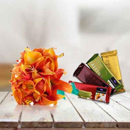 Lily With Chocolate (5 Orange Lilies with 5 Cadbury Bars)