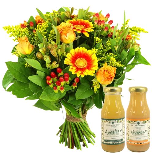 Yellow orange bouquet + Olmenhorst juices (Box small yellow orange + 2 Olmenhorst juices)