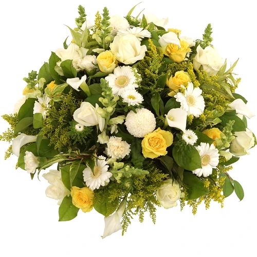 Round yellow and white funeral arrangement (Mourning Biedermeier white and yellow with white roses among others approx 45cm diameter)