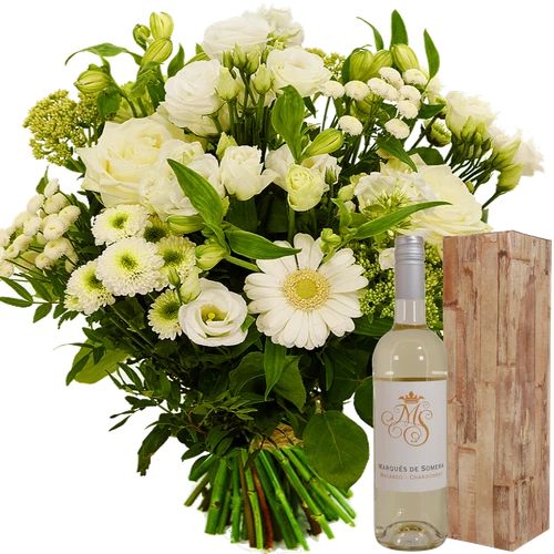 Lively white bouquet + bottle of white wine (Bouquet Springerig medium white value + Bottle of Spanish white wine Marques)