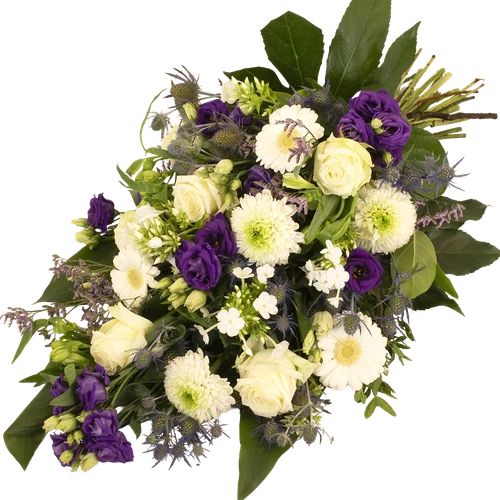 Blue-purple-white funeral bouquet (Funeral bouquet medium approx 55cm blue purple white)