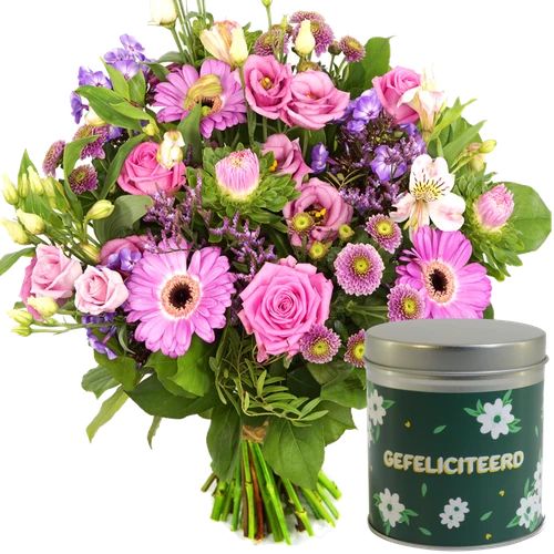 Pink purple bouquet + congratulations tin (Medium box )