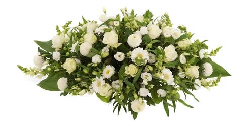 Funeral arrangement 75 - 85 - 95 cm. white roses and white flowers (Medium Oval white funeral arrangement with white roses and white flowers among others approx 75 cm)