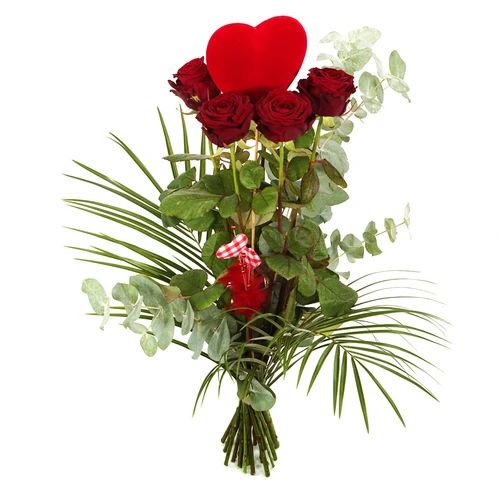 Long red roses with red hearts (Long red roses 3 pieces with heart and heart feathers)