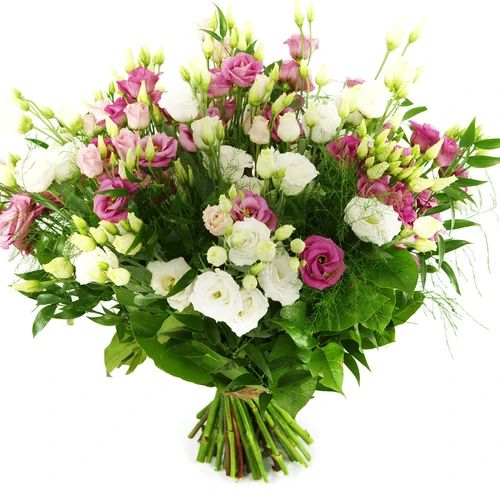 A bouquet of eustomas looks like roses (Medium bouquet of white and pink eustomas and various foliage)