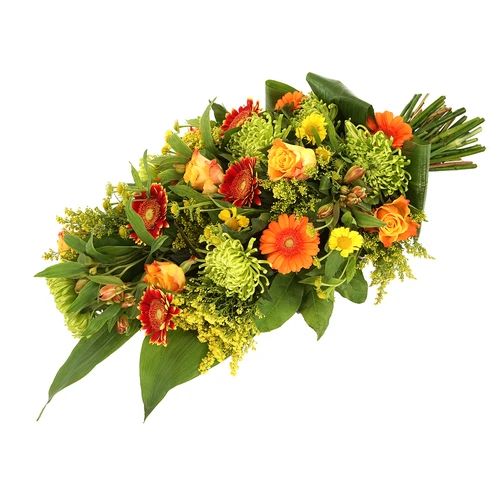 Orange yellow funeral bouquet (Medium Funeral bouquet in orange and yellow tones approx 55 cm)