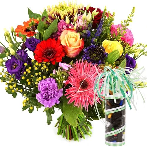 Brightly colored flowers + 200 grams of licorice