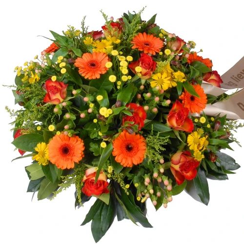 Mourning Biedermeier yellow - orange (Round funeral arrangement approx 50 cm yellow orange)