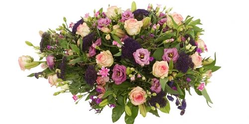 Funeral arrangement 70 - 80 - 90 cm pink purple with pink roses, among others (Oval funeral arrangement approx 70 cm pink purple with pink roses among others)