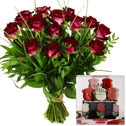 Bouquet of red roses + chocolate roses (Bouquet with 10 red roses include foliage + gift box of rose chocolate)