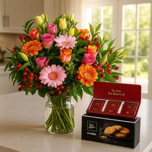 Pink - orange bouquet + cookie and tea (Medium bouquet + luxury tea in crispy cookies (135 grams))
